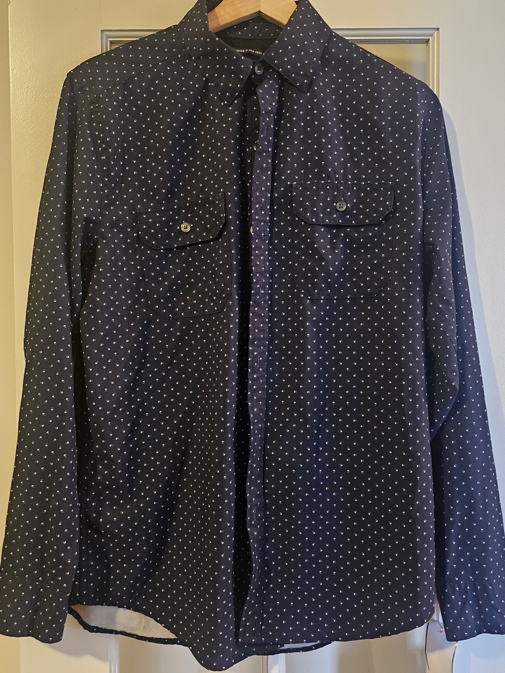 Men’s Blue Geometric Print Button Down Shirt Dual Chest Pockets. Slim Fit
